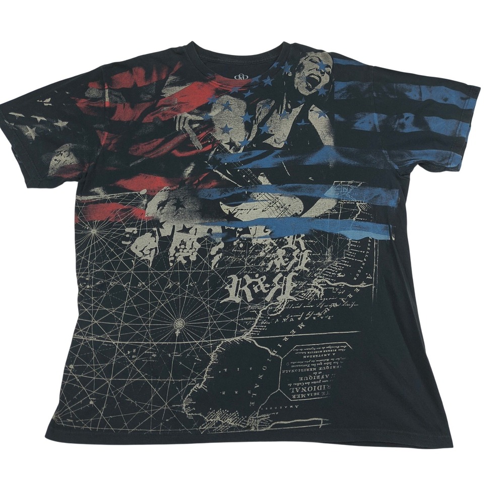 Rock & Republic Mens 2XL Black Graphic T-Shirt Americana Guitar Map Print 687